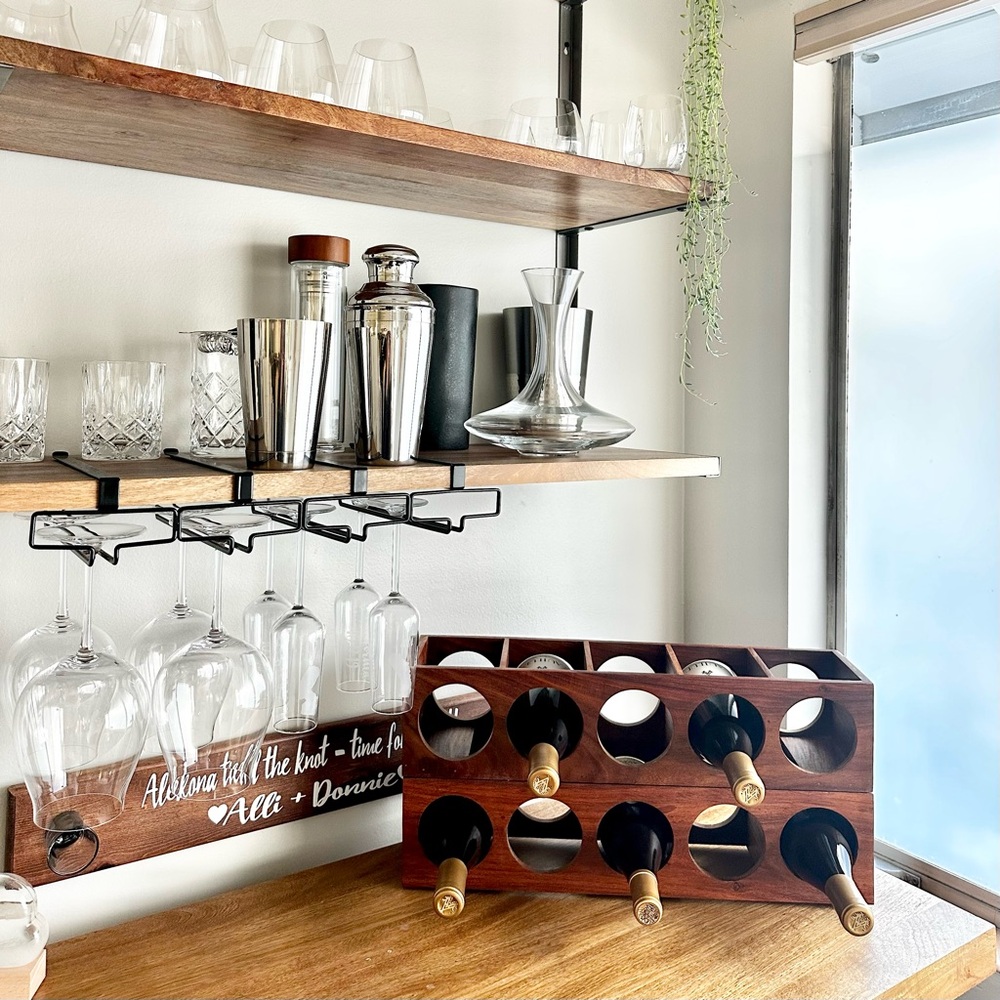 | crate & barrel • 8 bottle wooden wine rack • medium brown |